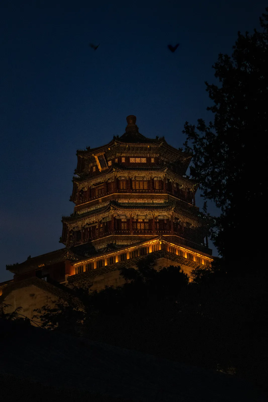 The tower of the Summer Palace lit up at dusk
